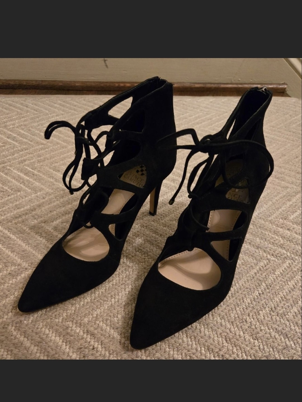 Vince Camuto Black Suede Lace-Up Pointed Toe Heels